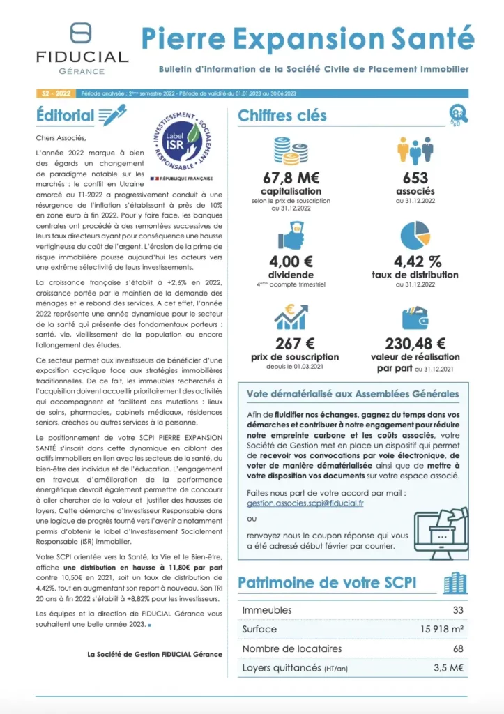 SCPI Pierre Expansion Santé bulletin d'information semestriel